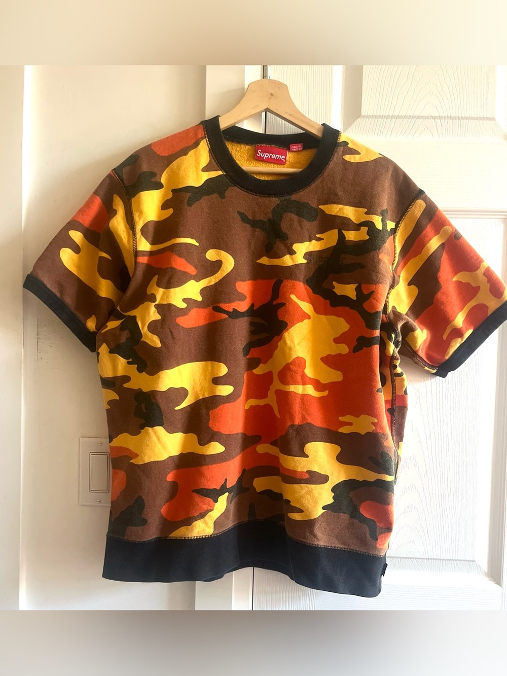 Supreme Men’s Woodland Camo Short Sleeve Tri-Color, Contrast Rib Sweatshirt SZ L
